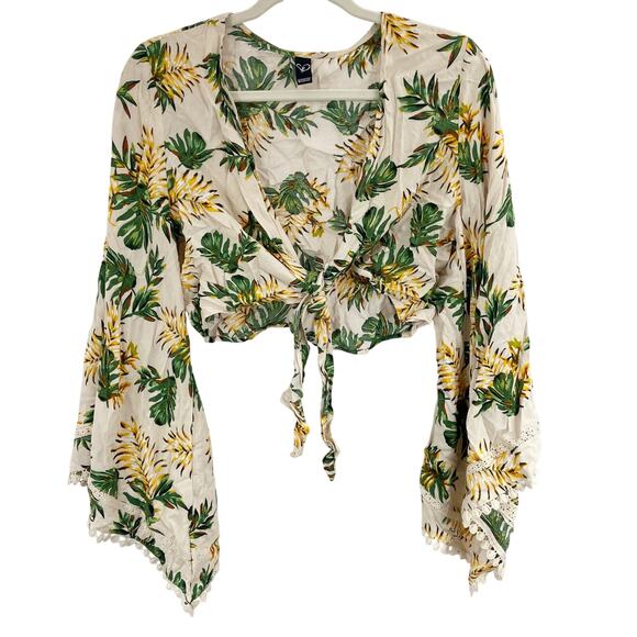 Windsor L Tropical Floral Palm Tree Tie Up Front Long Flare Sleeve Crop Top - Picture 2 of 7
